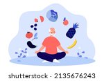 Elderly man sitting in yoga pose with flying vegetables. Old person eating and cooking healthy food flat vector illustration. Nutrition, diet concept for banner, website design or landing web page