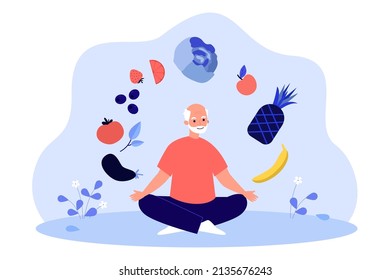 Elderly Man Sitting In Yoga Pose With Flying Vegetables. Old Person Eating And Cooking Healthy Food Flat Vector Illustration. Nutrition, Diet Concept For Banner, Website Design Or Landing Web Page