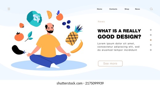 Elderly man sitting in yoga pose with flying vegetables. Old person eating and cooking healthy food flat vector illustration. Nutrition, diet concept for banner, website design or landing web page