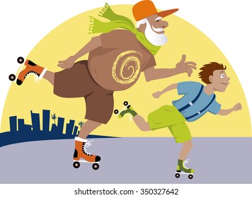 Elderly man skating with his grandson, city landscape in the background, EPS 8 vector illustration