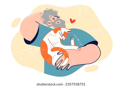 Elderly man sleeps with cat lying on chest, for concept of love and affection for pet. Happy grey-haired pensioner loving cat lies on bed, not wanting to get up and wake up kitten.