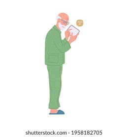 Elderly man in sleepwear using computer device to manage smart home system, flat vector illustration isolated on white background. Smart home advanced technology. - Powered by Shutterstock - Get 15% off with code: PIKWIZARD15