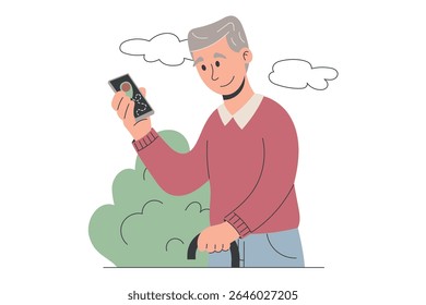 Elderly man with smartphone and cane walking outdoors. Flat vector isolated illustration showing active senior using navigation. Ideal for concepts of independence, mobility, and aging well.