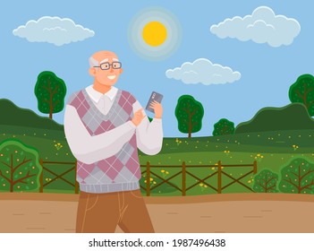 Elderly man with smartphone is communicating during walk. Male character is looking at screen of mobile device. Old character is chatting online via internet. Person uses technology to communicate