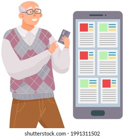 Un anciano con smartphone se comunica durante la caminata. El personaje masculino está mirando la pantalla del dispositivo móvil. El viejo personaje está chateando en línea a través de internet. La persona utiliza la tecnología para comunicarse