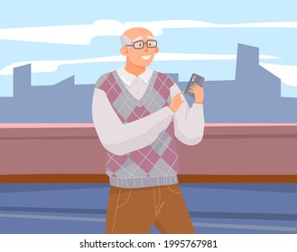 Un anciano con smartphone se comunica durante la caminata. El personaje masculino está mirando la pantalla del dispositivo móvil. El viejo personaje está chateando en línea a través de internet. La persona utiliza la tecnología para comunicarse