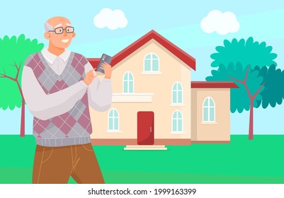 Elderly man with smartphone is communicating during walk. Male character is looking at screen of mobile device. Old character is chatting online via internet. Person uses technology to communicate