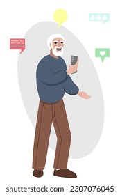 Elderly man with smartphone. Senior smiling gentleman using phone for Communication, chatting in social media app. Vector illustration isolated on white background. Vector illustration