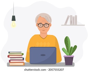 Un anciano sonríe a la cámara mientras está sentado en una laptop, ilustración vectorial plana