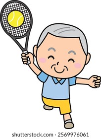 Elderly man smiling and enjoying tennis