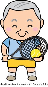 Elderly man smiling and enjoying tennis