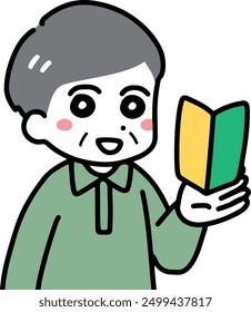 An elderly man smiling and holding a beginner mark