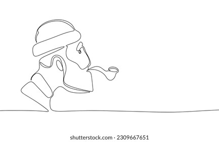 Рortrait of an elderly man with a smoking pipe isolated on white background. Line art senior man. One line continuous vector illustration. 