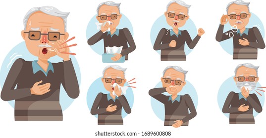 Elderly man sneezing and coughing set. Old Man influenza patients. The elderly are at risk of being infected with Covid 19. Concepts of patients with respiratory symptoms. Vector, illustration.



