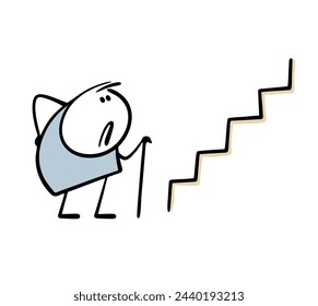 Elderly man with  sore back, leaning on cane, looks at the steps with displeasure. Vector illustration of  disabled person forced to climb up the stairs. Isolated funny character on white background.