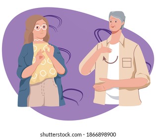 an elderly man speaks with a young girl in sign language, showing symbols and signs with his hands gesturing, deaf and people. flat vector illustration, characters for postersan elderly man speak