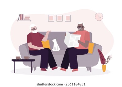 Elderly man spending a relaxing day enjoying their hobbies sitting in the living room at home talking and reading. Aged people together, multiethnic grandfathers, friends. flat vector illustration