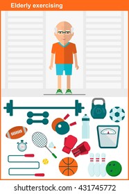 Elderly man in a sports hall. A set of sports equipment. Active lifestyle. Elderly exercises. Objects isolated on a white background. Flat vector illustration.