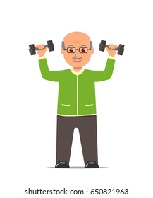 Elderly man in a sports suit trains with dumbbells. Active and healthy lifestyle old people. Vector illustration in flat style.