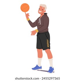 Anciano Con Uniforme Deportivo Y Versiones cortas Girando Sin Esfuerzo Balón De Baloncesto Sobre Su Dedo Índice, Mostrando Sus Habilidades Como Jugador De Balonmano. Personaje masculino envejecido se involucra en la Ilustración vectorial deportiva