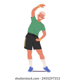 Elderly Man In Sportswear Is Stretching, Old Fit Male Character Do Bends Embodies An Active, Healthy Lifestyle, Promoting Flexibility Through Bending Exercises. Cartoon People Vector Illustration