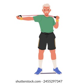 Elderly Man in Sportswear Using A Resistance Band For Exercises and Training at Home. Active Aged Male Character Promotes Healthy Lifestyle, Wellness And Vitality. Cartoon People Vector Illustration