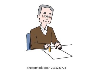 An elderly man with a stamp, a comical handwritten person, a vector, and a simple coloring of a line drawing.