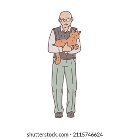 Elderly man stand and cuddle cat pet. Doodle contour line illustration.