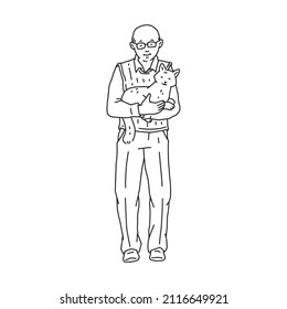 Elderly man stand and cuddle cat pet. Doodle black white contour line illustration.