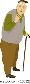 Elderly man standing with a cane, listening attentively and looks worried, EPS 8 vector illustration