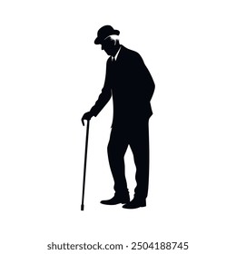 Elderly man standing with cane silhouette illustration. Old man pose silhouette in black color. father day