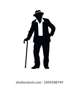 Elderly man standing with cane silhouette illustration. Old man pose silhouette in black color. father day