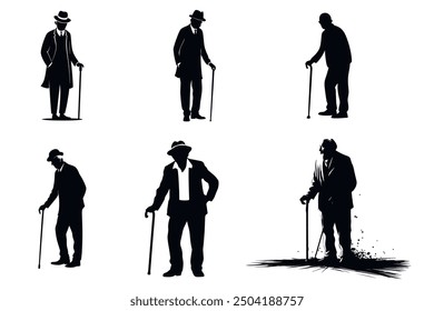 Elderly man standing with cane silhouette illustration. Old man pose silhouette in black color. father day
