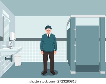 Un anciano de pie en un baño público limpio e institucional. Lleva un suéter azul, corbata y gorra, con una expresión preocupada.