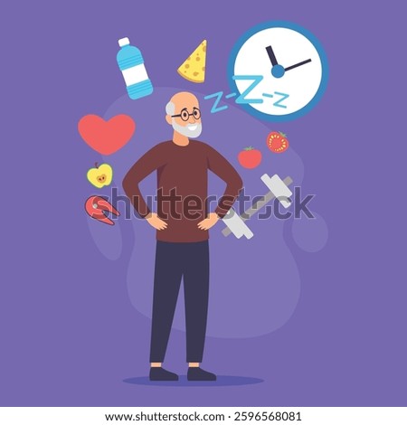 Elderly man standing confidently amidst icons representing health habits, enjoying nutritious food, exercise, hydration, and sufficient rest. Balanced lifestyle concept