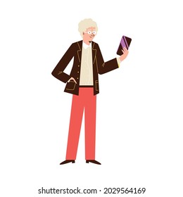Elderly man standing looking at phone in his hands. Mobile communication and internet technologies for seniors, flat vector illustration isolated on white background.