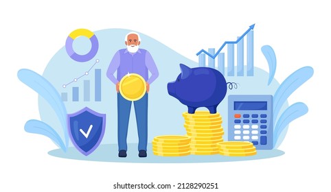 Elderly man standing near stack of money, piggy bank holding gold coin. Pensioner keeping cash in bank deposit account. Pension savings investment in retirement mutual fund. Financial saving insurance