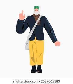 Elderly man standing. Old man elderly, wrinkled elderly male character, smiling, showing gesture. Flat vector illustration, isolated on white background.