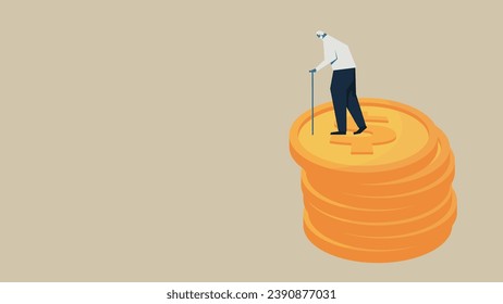 An elderly man standing on a stack of dollars. He uses a cane.