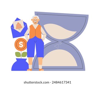 An elderly man stands confidently with his hands in his pockets. Financial and time-related symbols: an hourglass, a dollar coin, and a notification envelope. Retirement, savings, financial planning.