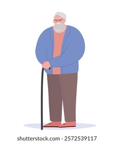 An elderly man stands tall with a cane in his hands. Old man with a beard. Vector graphics.