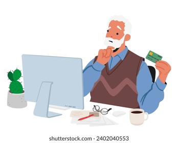 Elderly Man Stares At A Computer Screen, Bewildered By Online Payment Options. His Wrinkled Face Reflects Confusion As He Navigates The Digital Landscape Of Modern Transactions. Vector Illustration