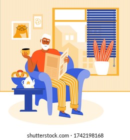 Elderly man stays at home during the quarantine. Grandfather is sitting in a chair by the window, reading a newspaper. Pensioner drinks tea with homemade cakes. Home leisure. Vector flat illustration