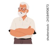 An Elderly Man With A Stern Expression, Arms Crossed In Displeasure, Old Male Character Conveying Frustration Or Offense Through His Body Language. Cartoon People Vector Illustration