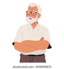 An Elderly Man With A Stern Expression, Arms Crossed In Displeasure, Old Male Character Conveying Frustration Or Offense Through His Body Language. Cartoon People Vector Illustration