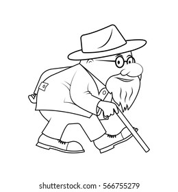 The elderly man with a stick a caricature.