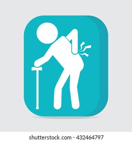 Elderly Man with stick and injury of the back pain icon, Old people sign