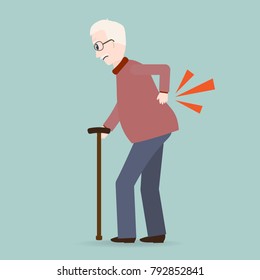 Elderly Man with stick and injury of the back pain icon, Old people sign