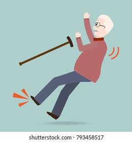 Elderly man with stick and slip injury, person injury icon