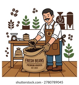 A elderly man stood holding a large sack of open coffee beans. He reached inside with one gloved hand to inspect the quality. Flat vector mascot design